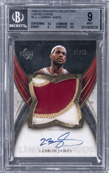 2006-07 UD "Exquisite Collection" Limited Logos #LLLJ LeBron James Signed Game Used Patch Card (#12/50) - BGS MINT 9/BGS 10